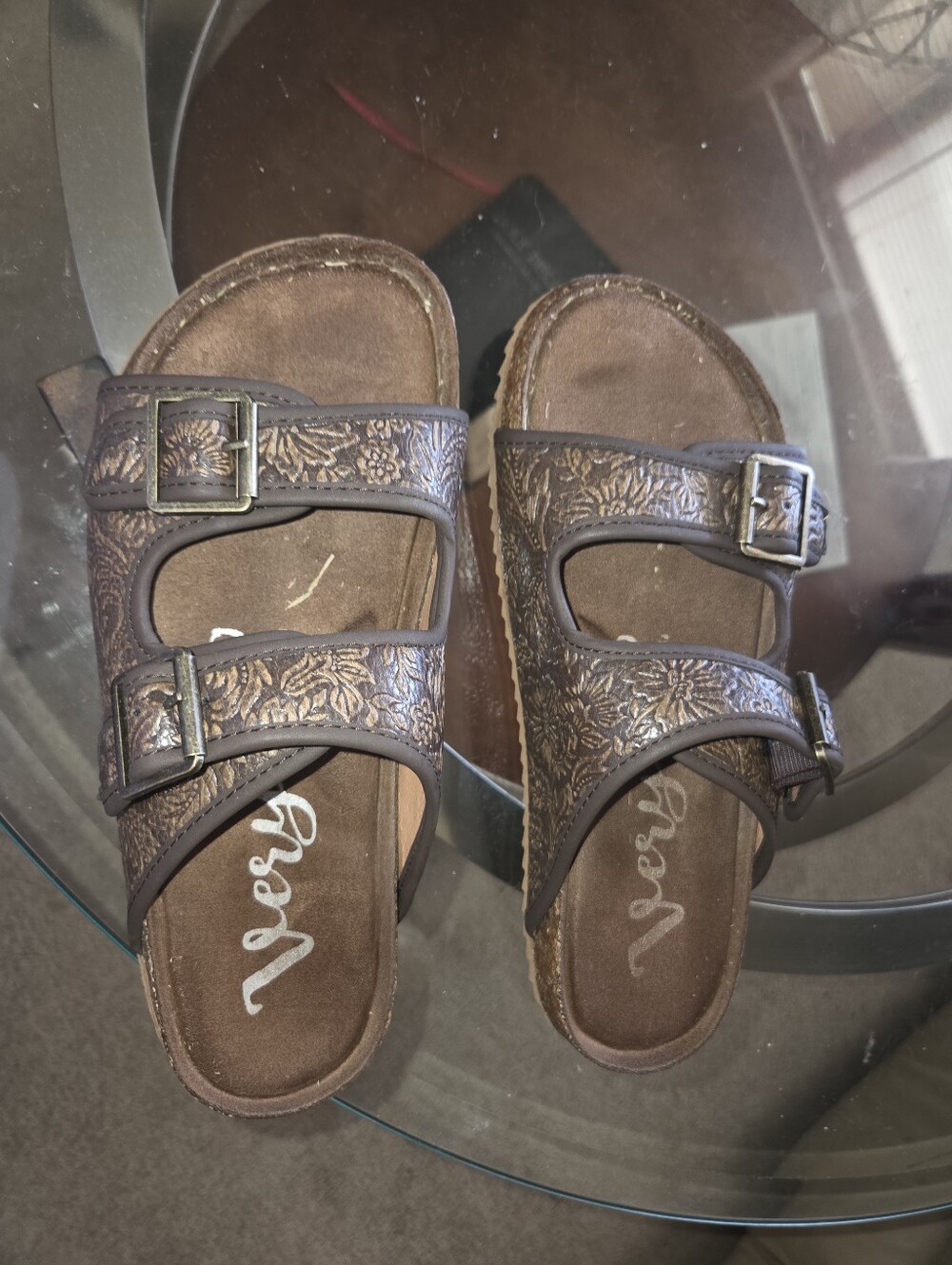 Women's Brown Double-Buckle Floral Slide Sandals